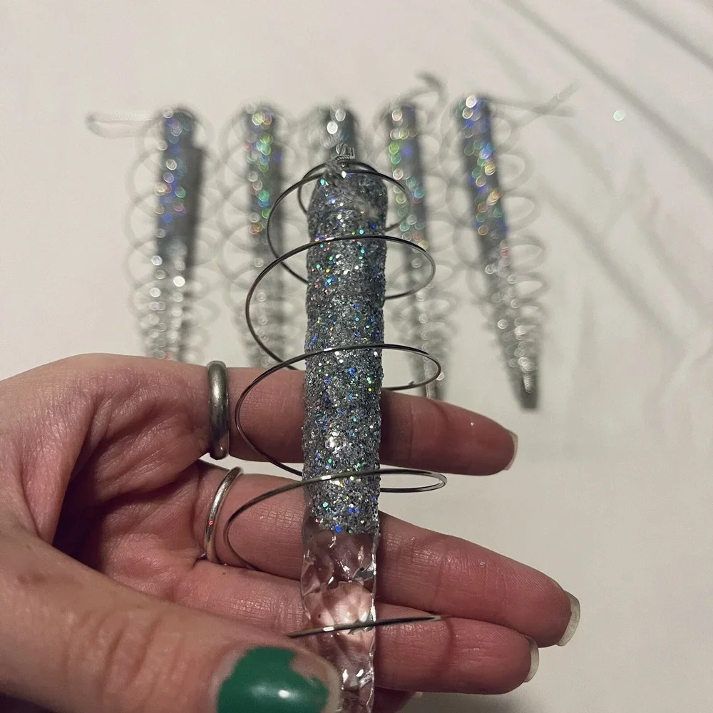 Vintage Icicle Wire‎ Wrapped Ornaments Clear Acrylic Twisted Silver Glitter Mcm